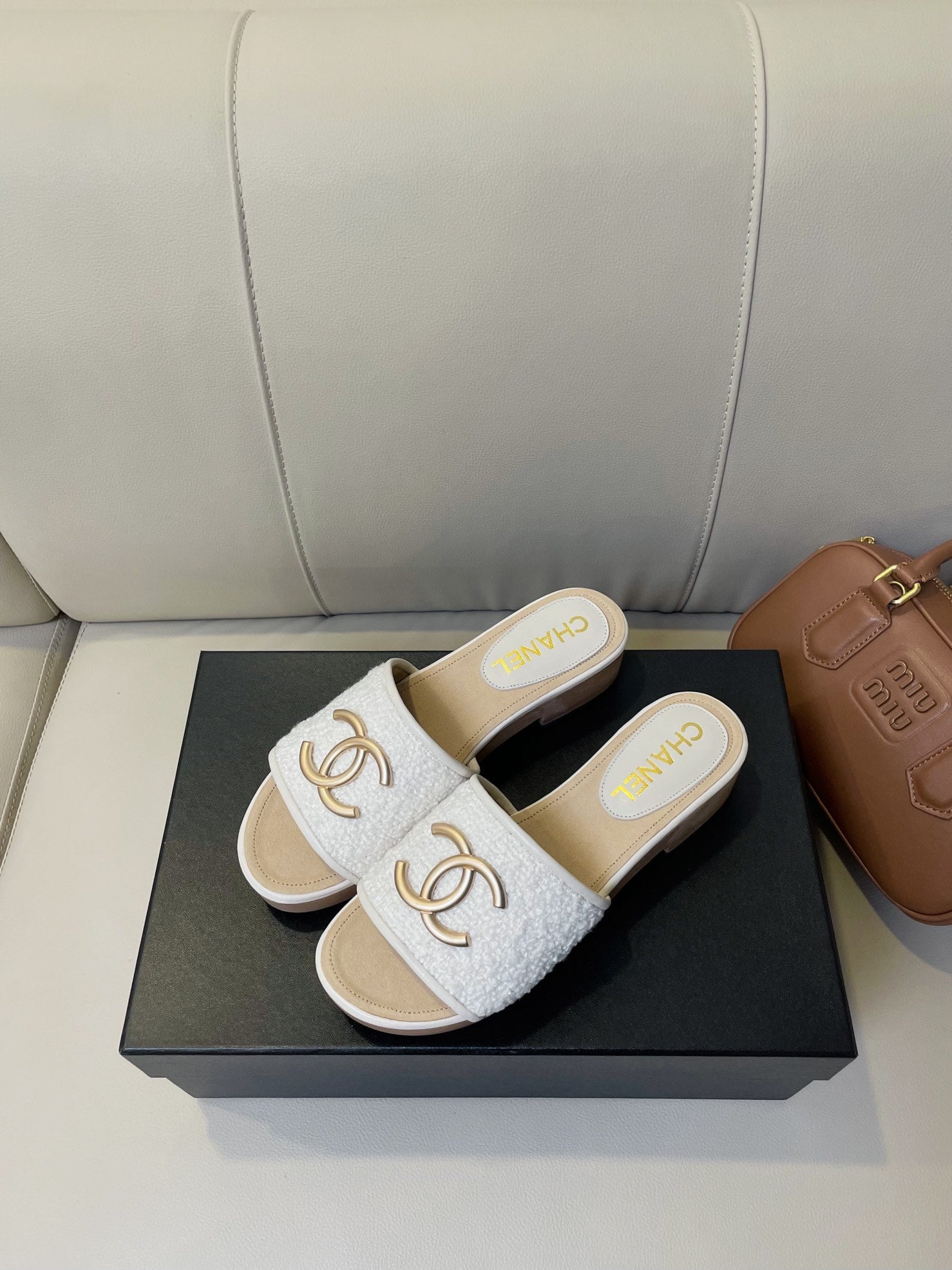 cc mule sandal 45 white tweed beige calfskin