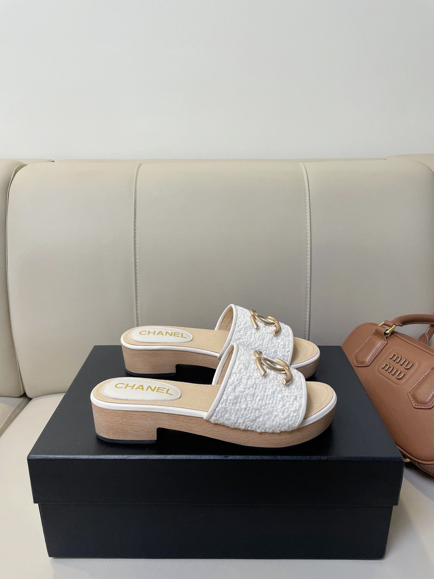 cc mule sandal 45 white tweed beige calfskin