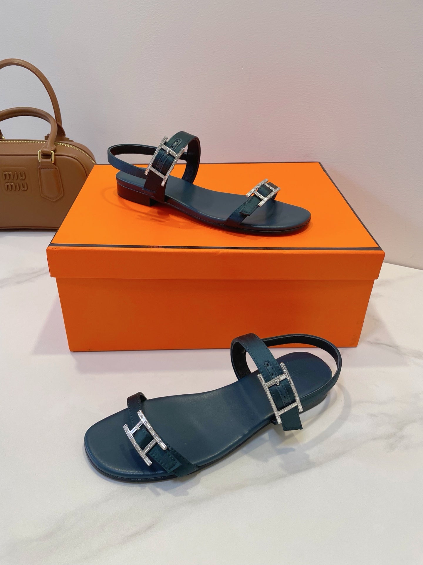 HM Paris Sandals Navy Blue Lamskin 374211