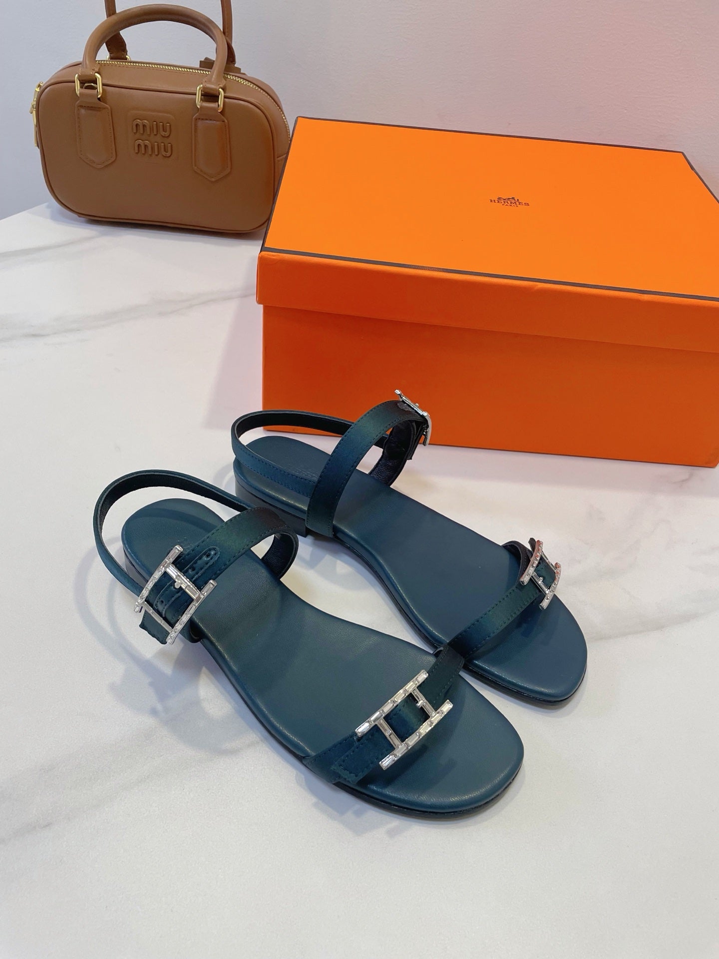 HM Paris Sandals Navy Blue Lamskin 374211