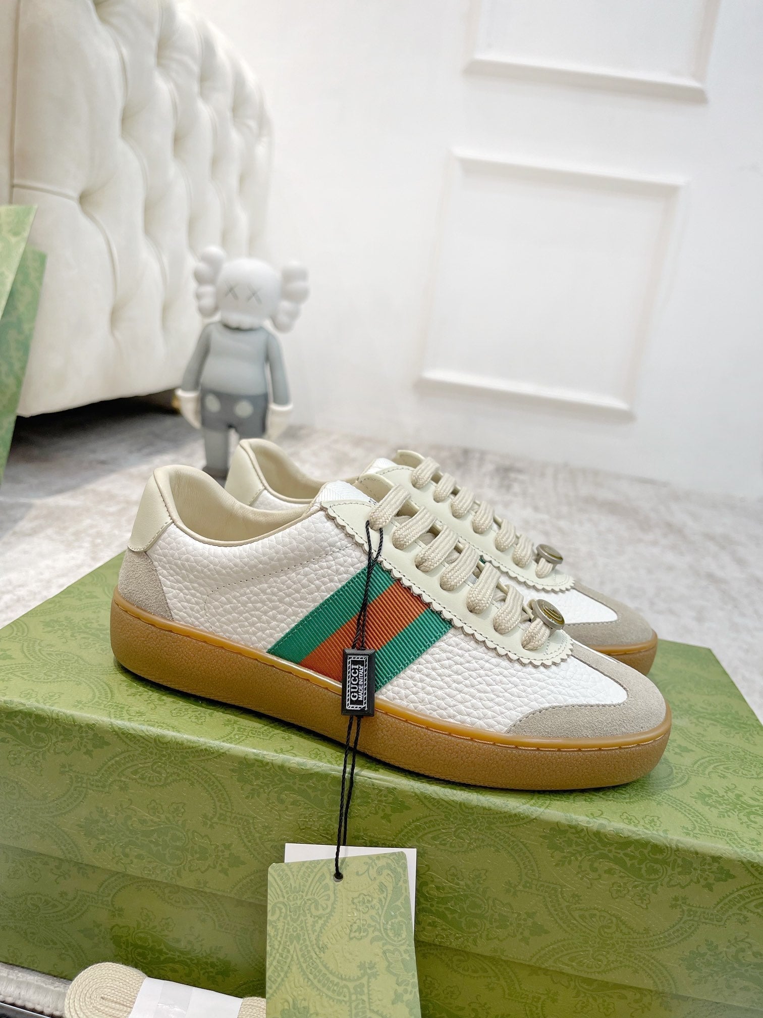 GG Men's Web Sneaker White Cowhide Suede