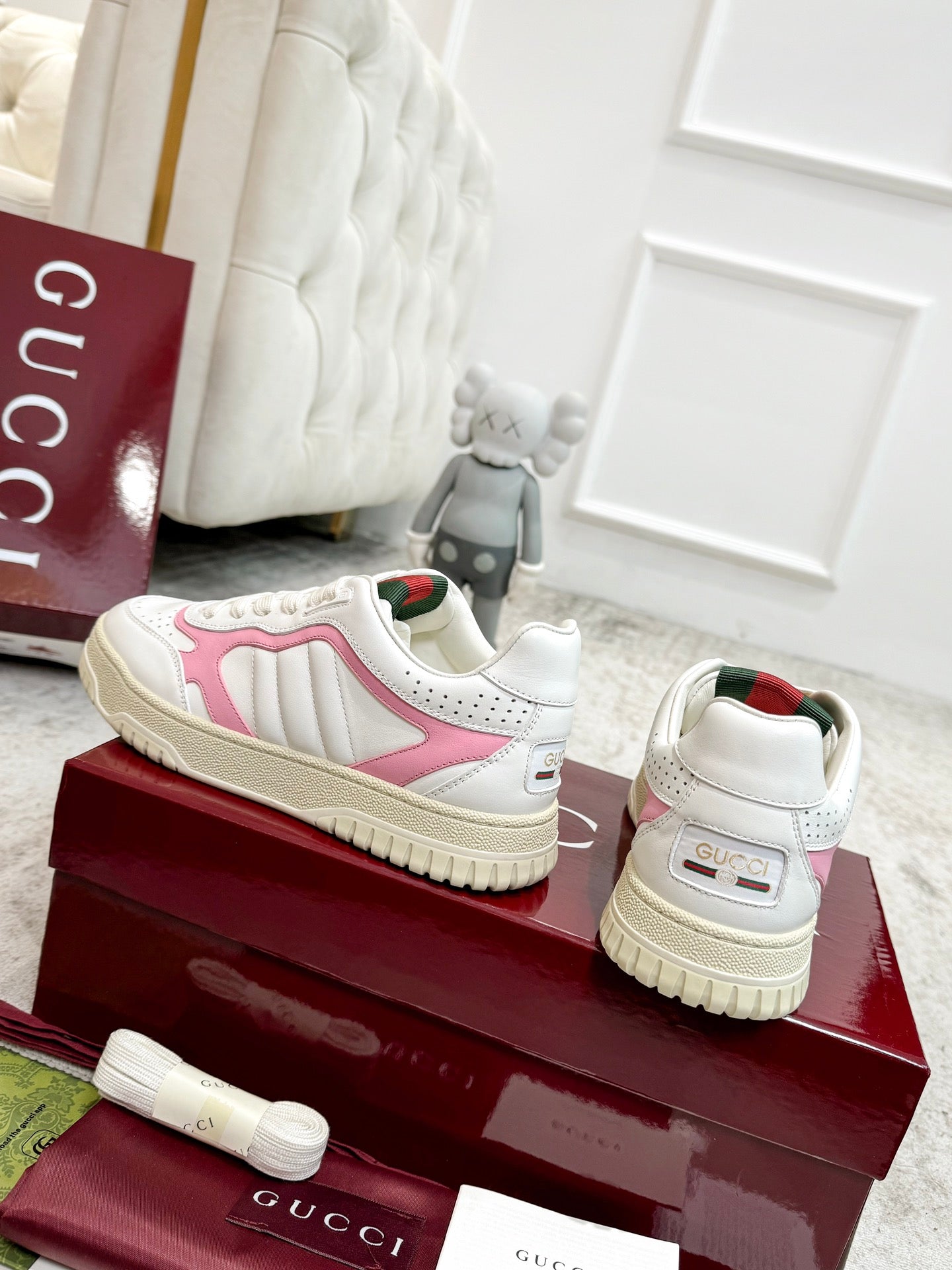 GG Men's Re-Web Sneaker White Pink Calfskin 534246