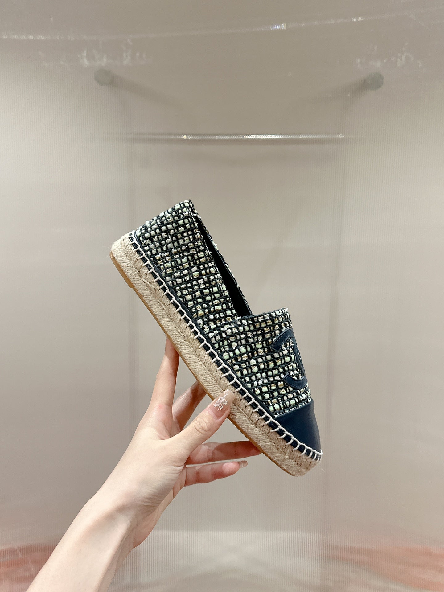cc espadrilles dark blue blended fabric calfskin