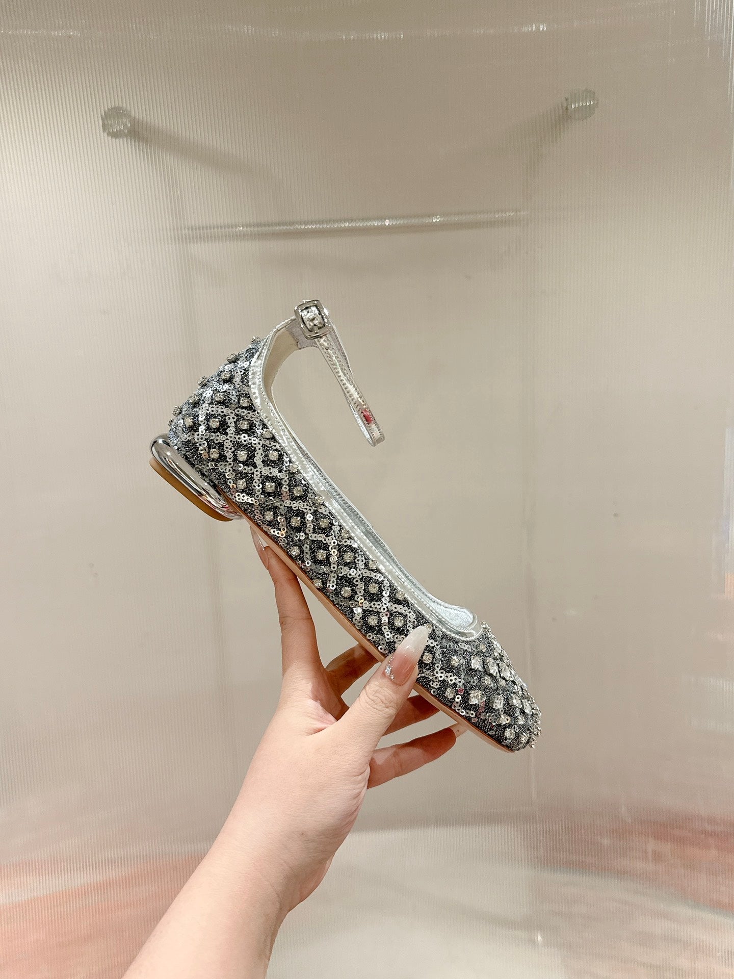 Viv 25 Mary Jane Flats Silver Fabric Rhinestone  247124