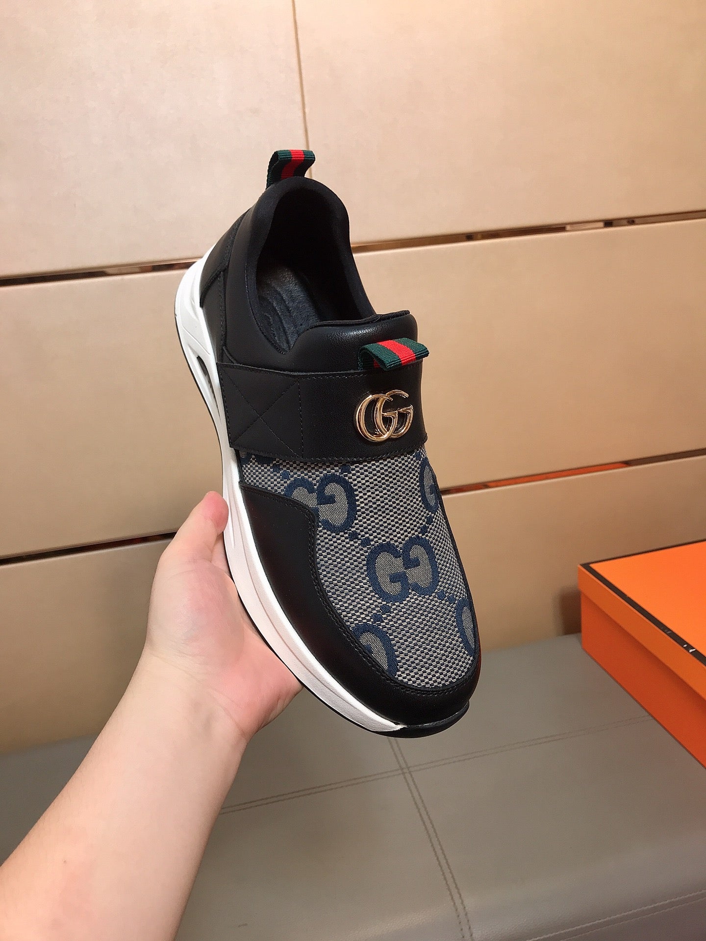 GG Men's Slip on Black Blue Cowhide Canvas 530403