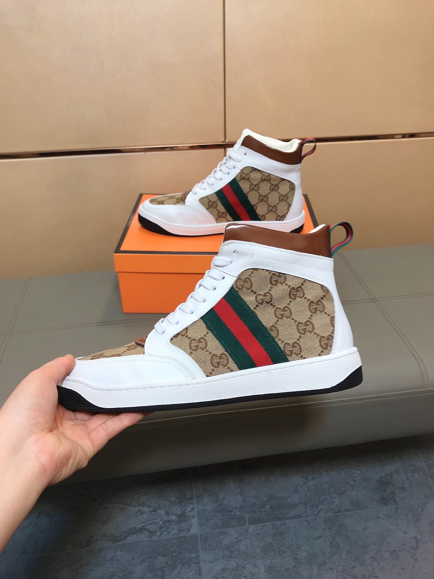 GG Men's High-top Sneakers Brown White Printed Fabric Cowhide 525321