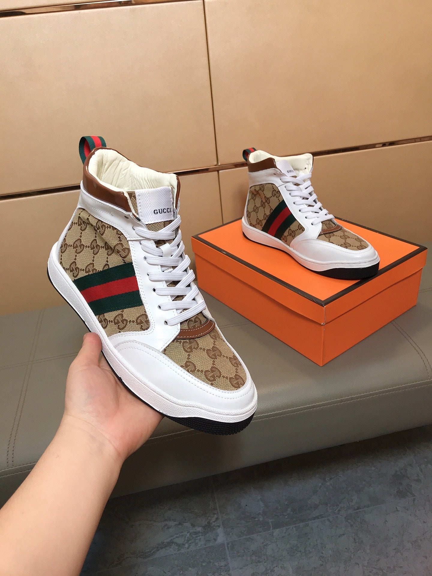 GG Men's High-top Sneakers Brown White Printed Fabric Cowhide 525321