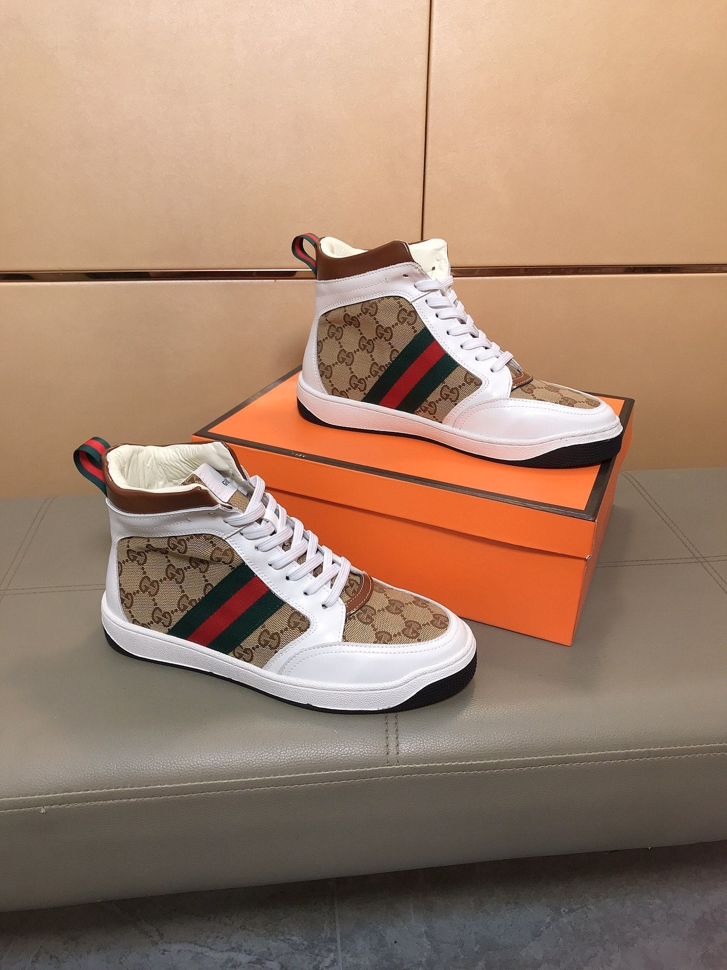 GG Men's High-top Sneakers Brown White Printed Fabric Cowhide 525321