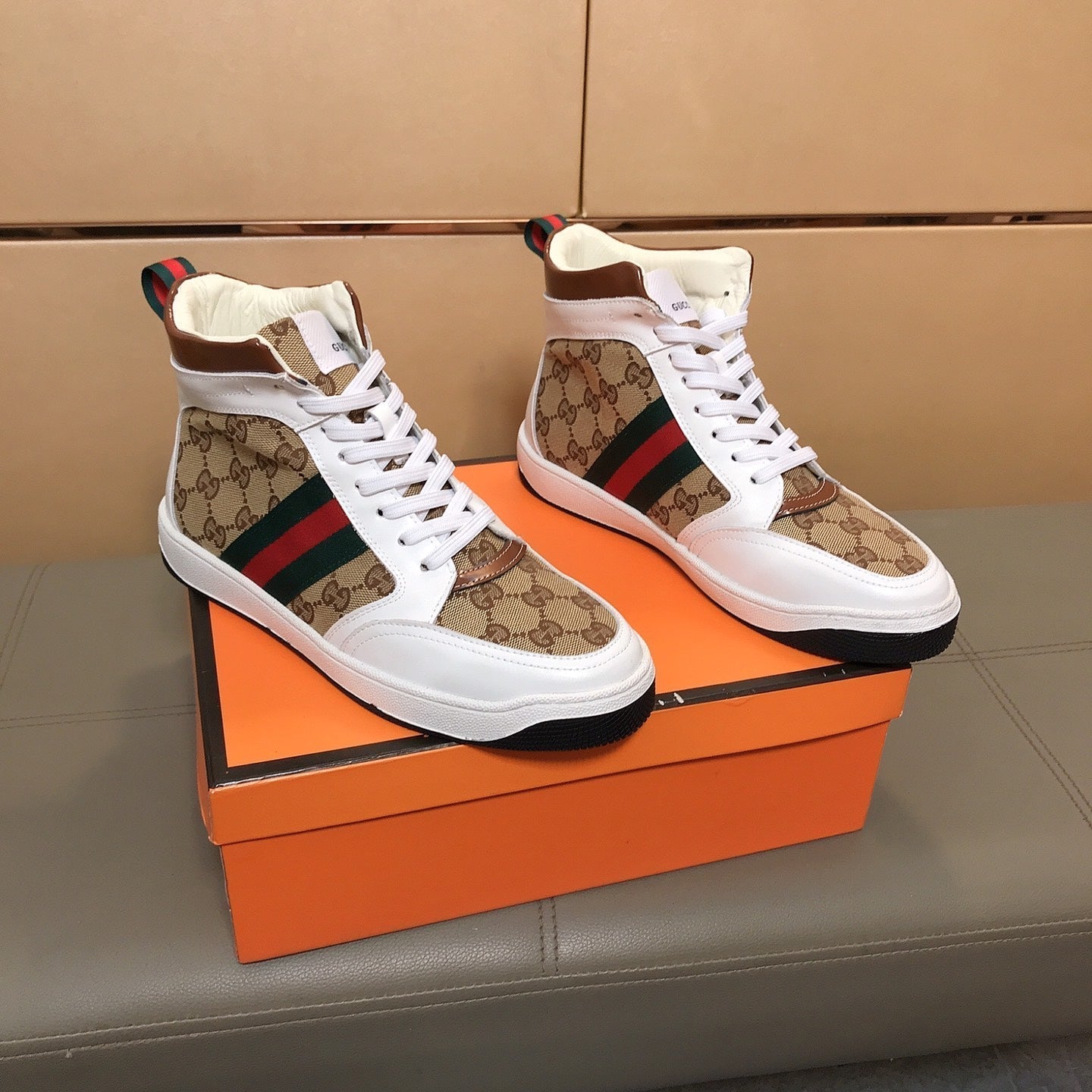 GG Men's High-top Sneakers Brown White Printed Fabric Cowhide 525321