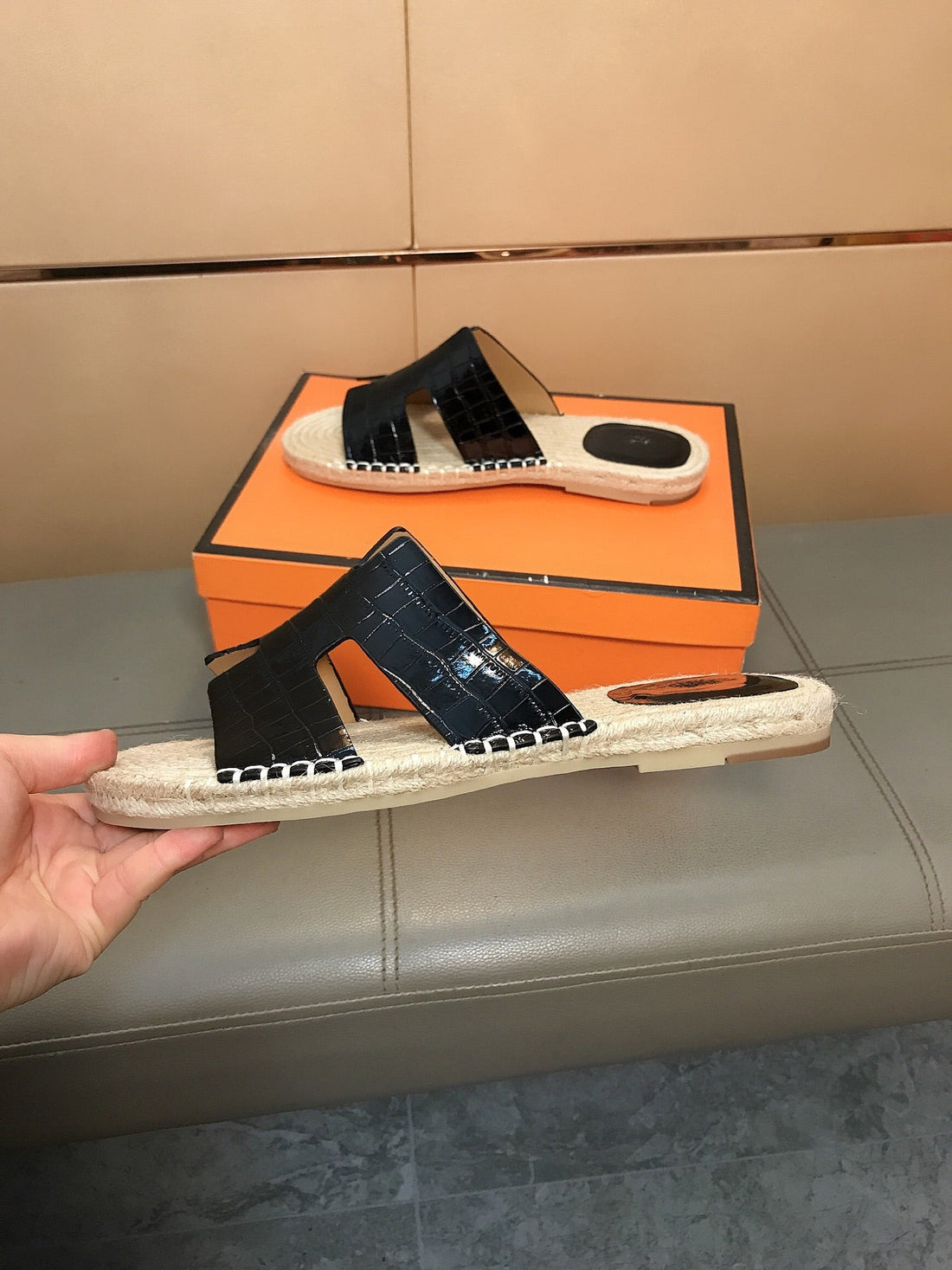 HM Men's Antigua Espadrille Black Embossed Cowhide 704130