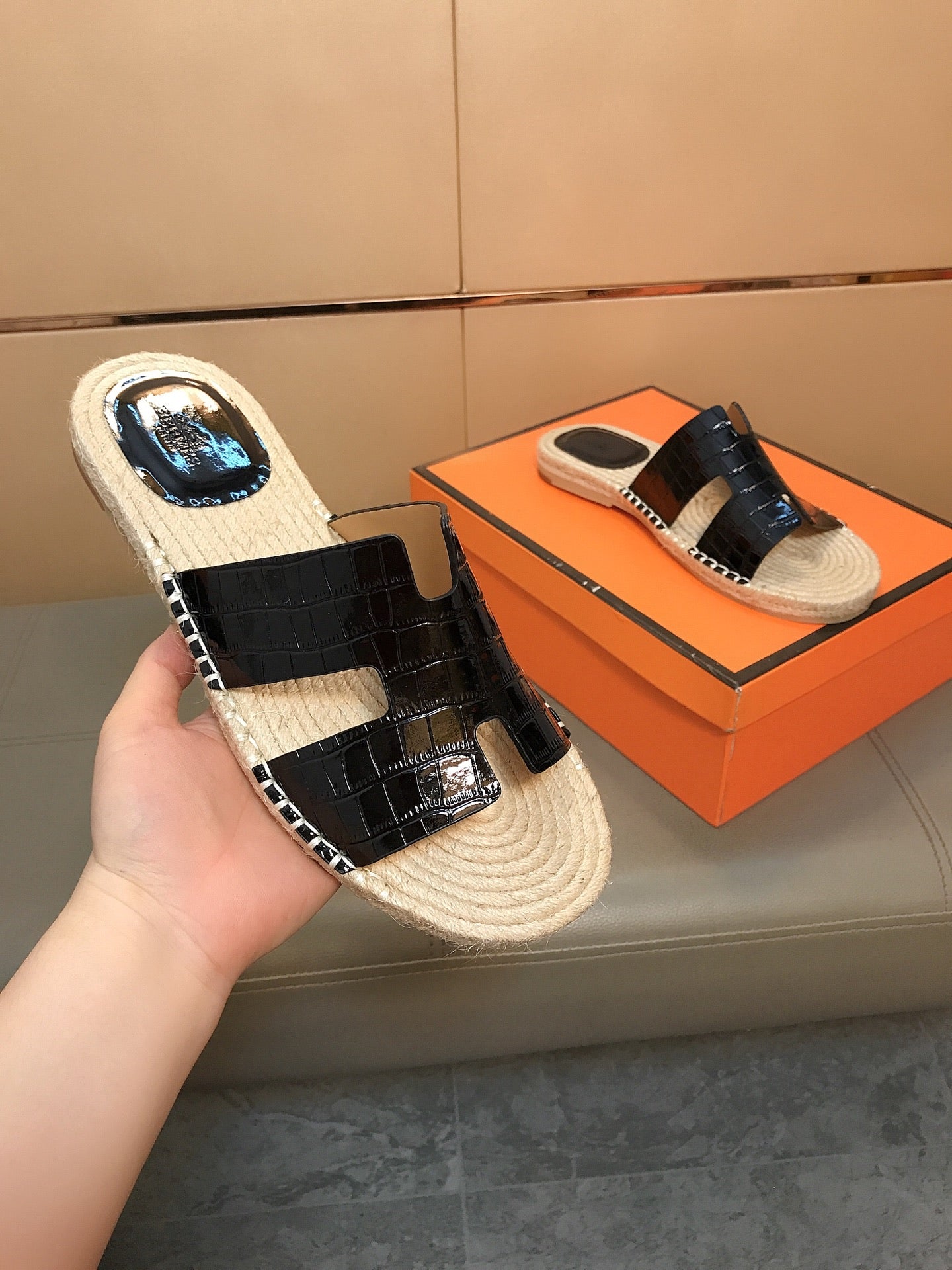 HM Men's Antigua Espadrille Black Embossed Cowhide 704130