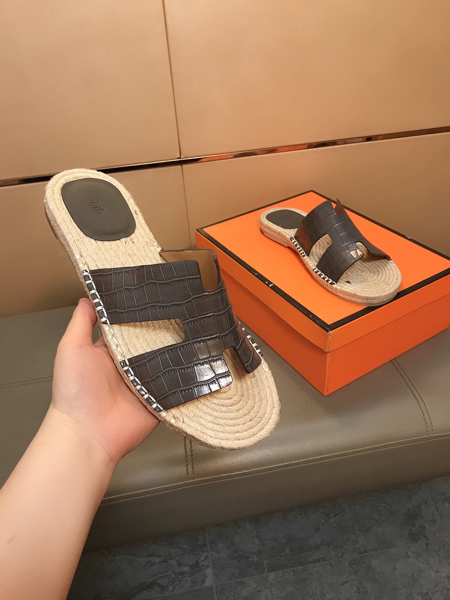 HM Men's Antigua Espadrille Dark Grey Embossed Cowhide 704136