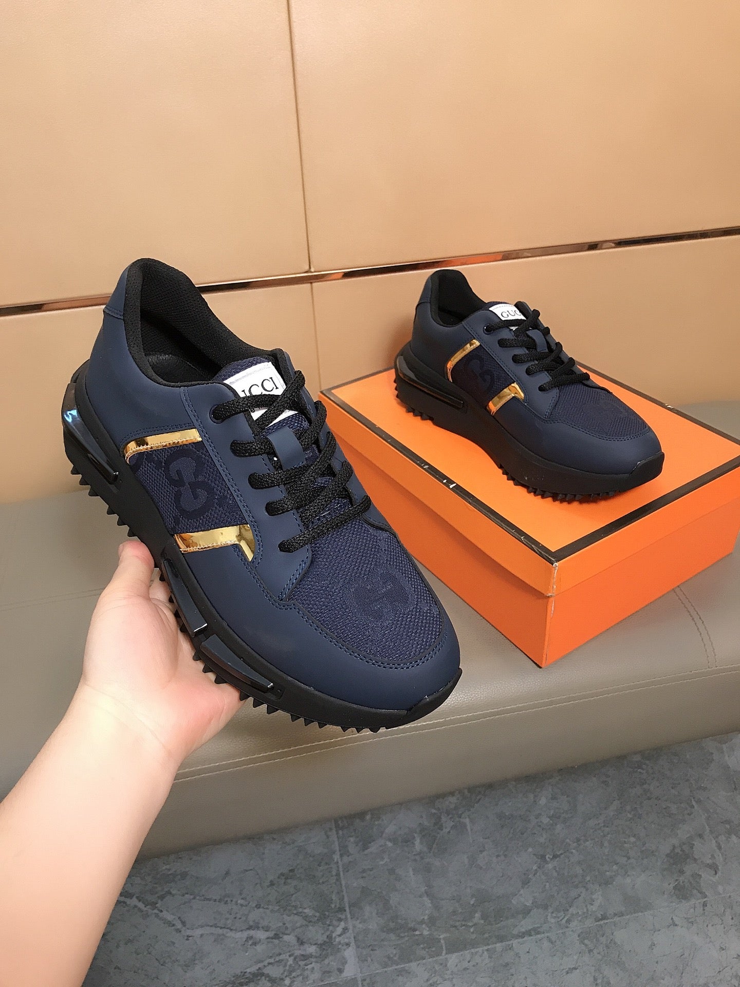 GG Men's Sneaker Navy Blue Cowhide 735850