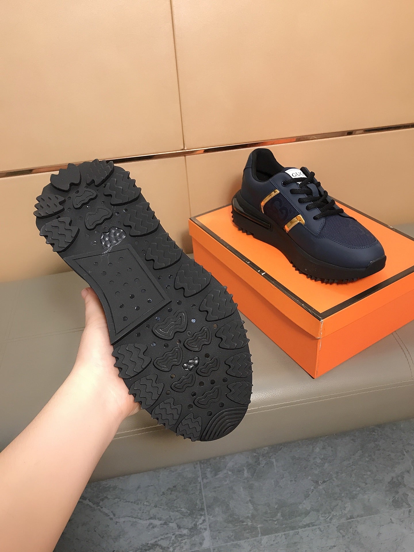 GG Men's Sneaker Navy Blue Cowhide 735850