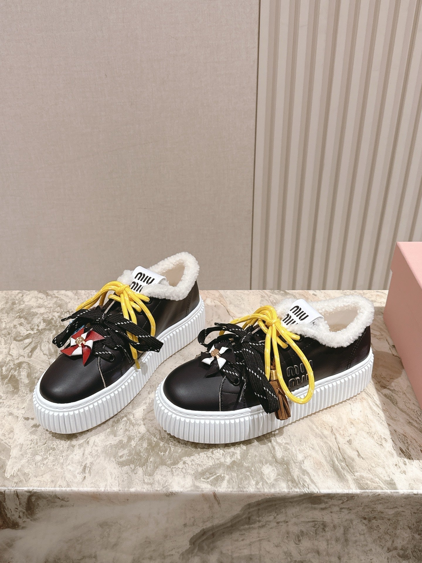 MIU MIU platform sneakers black leather wool 461860