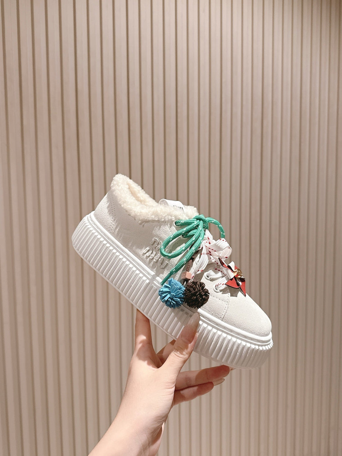 MIU MIU platform sneakers white suede wool 461862