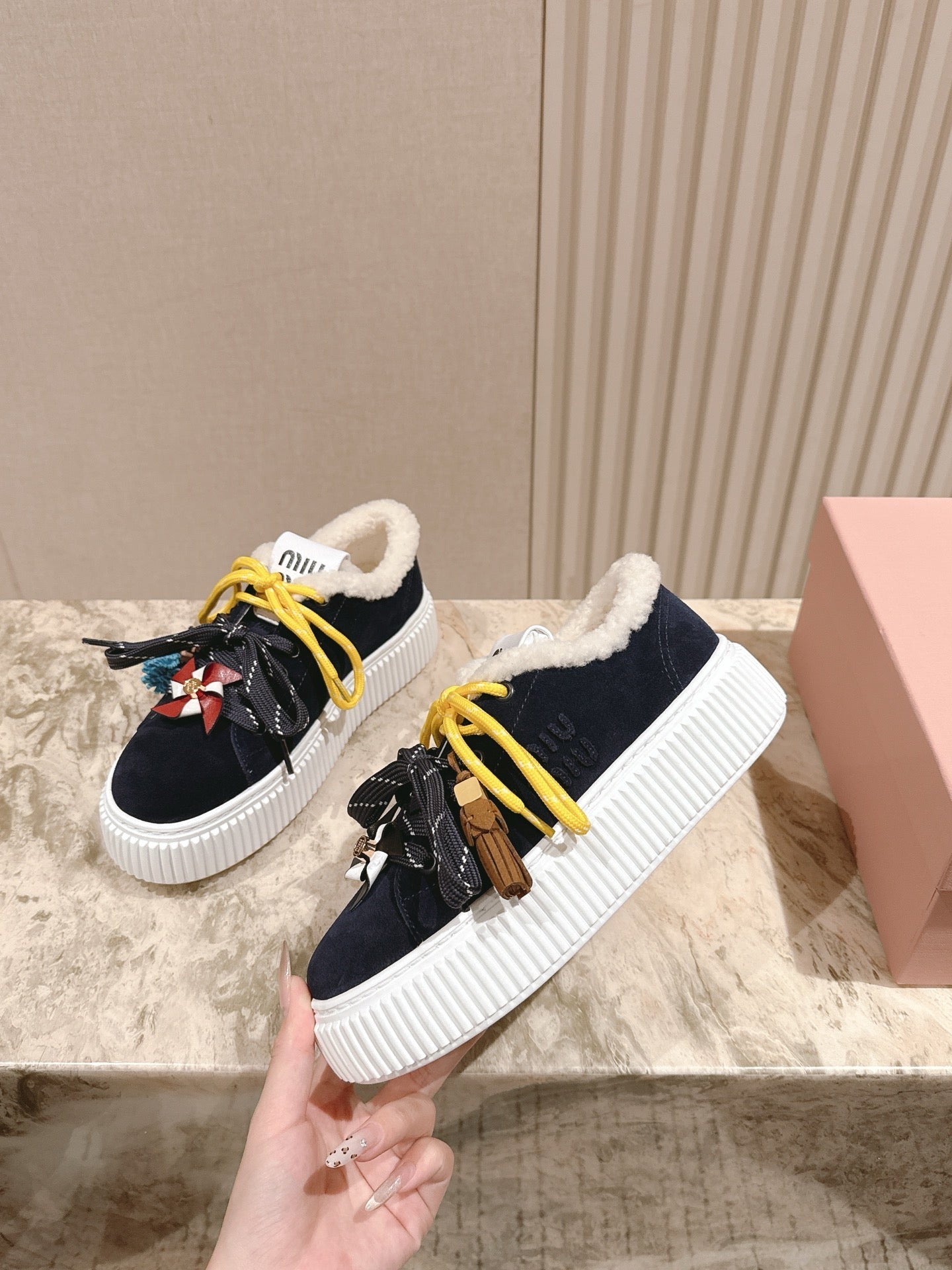 MIU MIU platform sneakers black suede wool 461863
