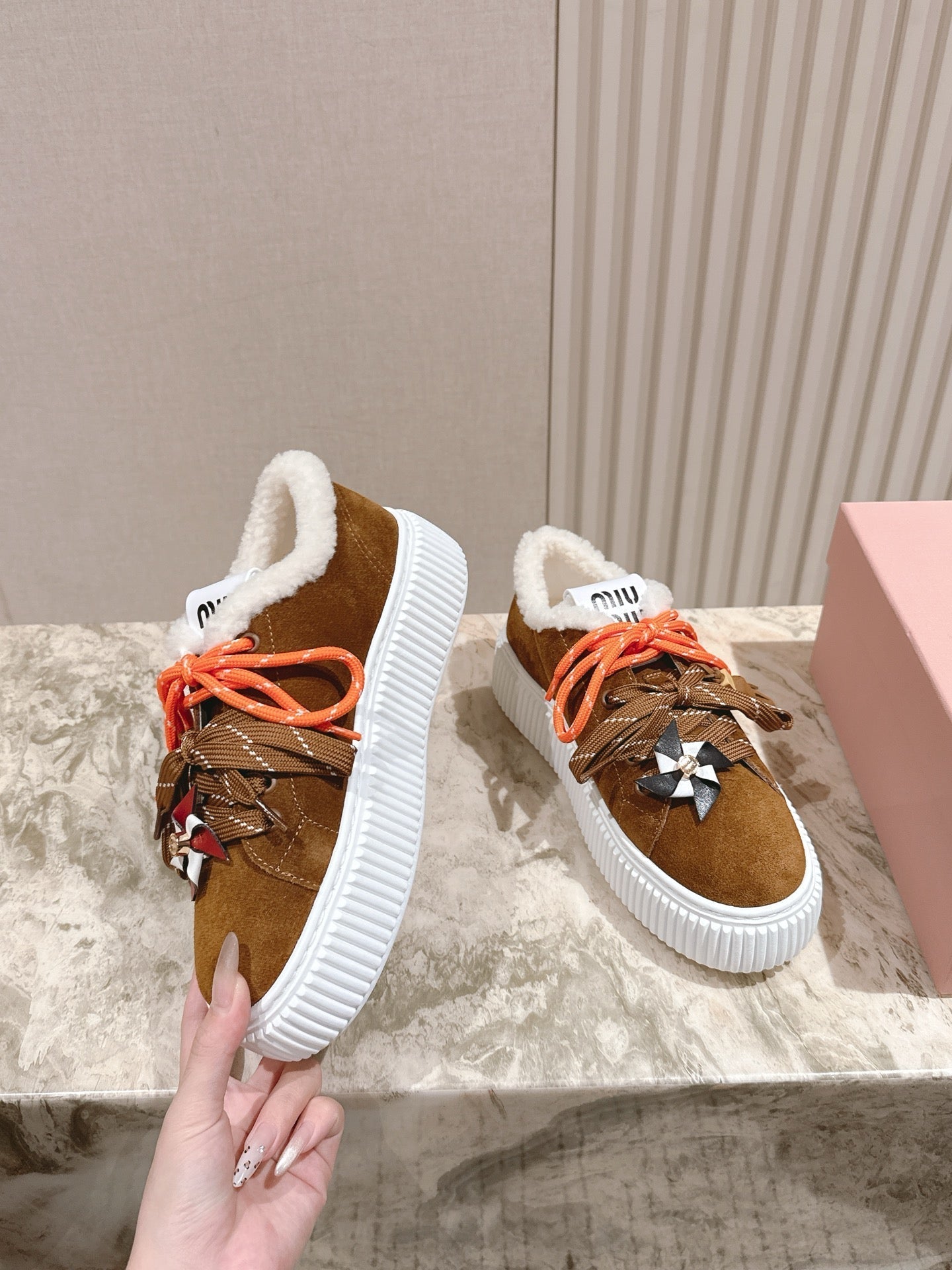 MIU MIU platform sneakers brown suede wool 461864