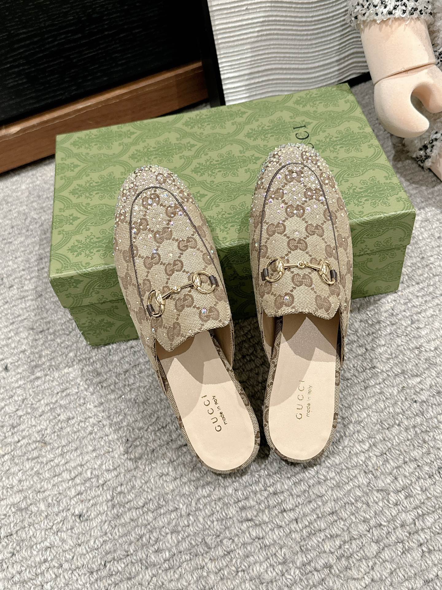 Horsebit Mule Beige Ebony Canvas Crystal-Embellished