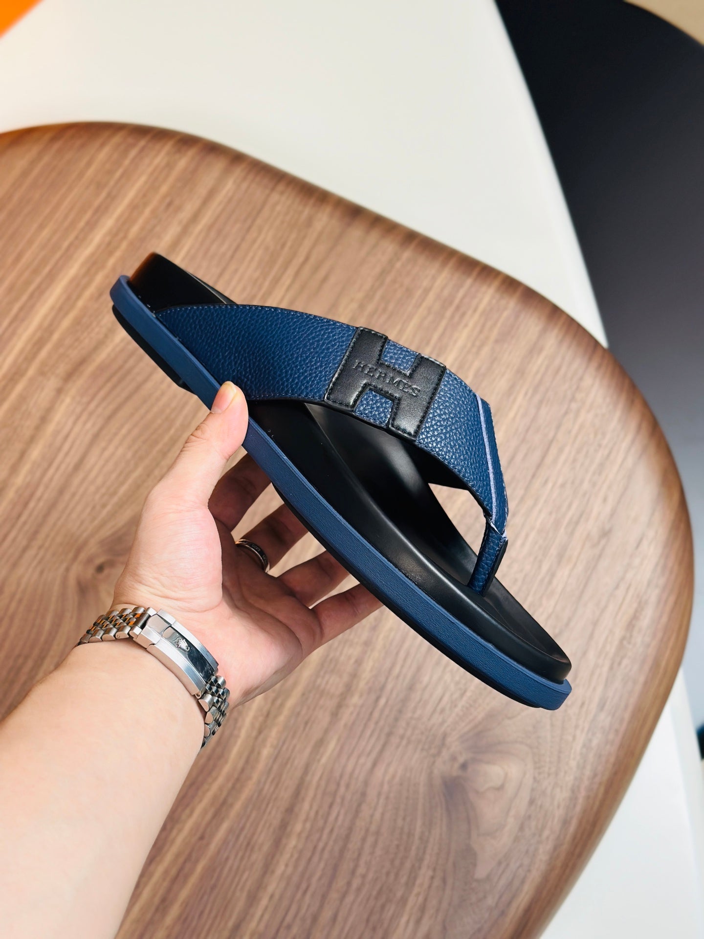 HM Men's Thong Sandals Blue Cowhide 684843