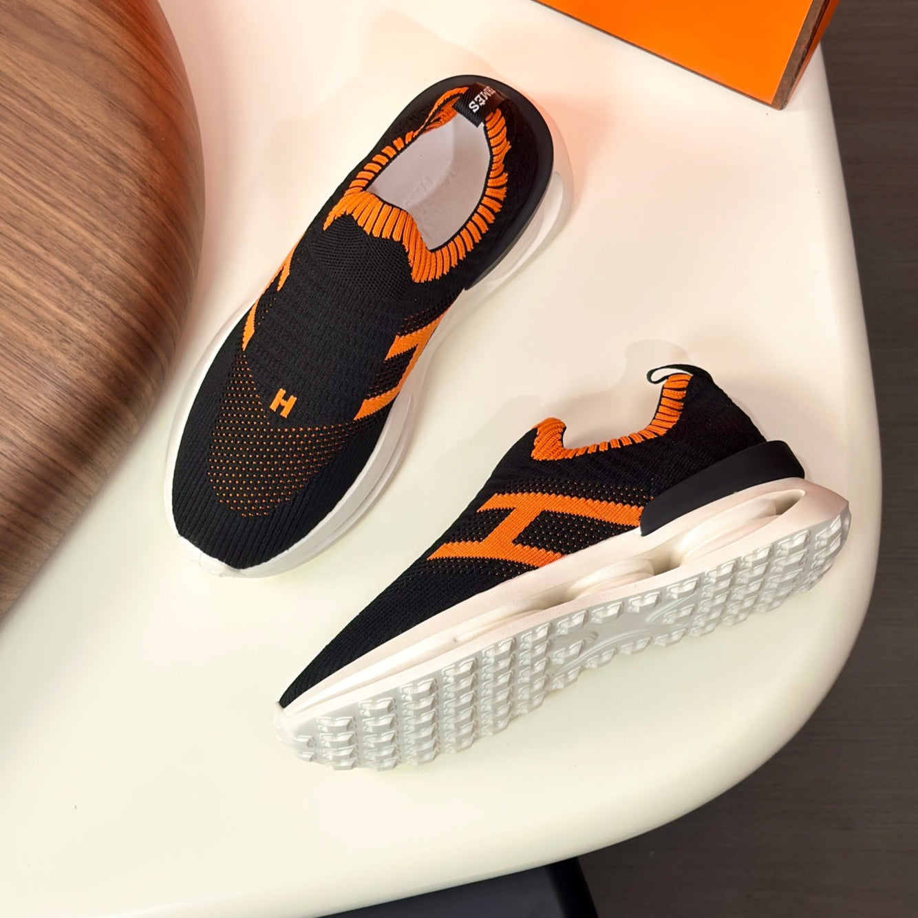 HM Men's Slip on Sneaker Black Orange Flyknit Fabric 690058