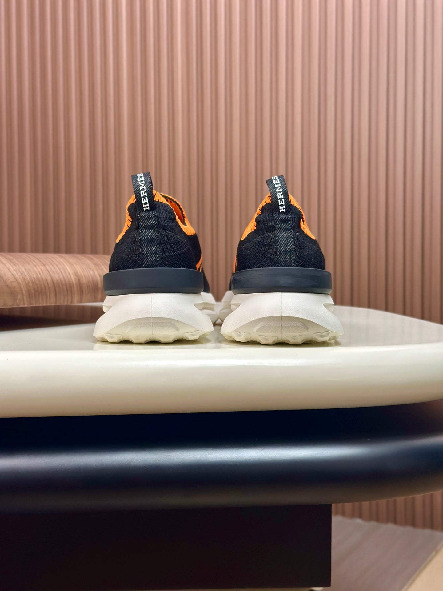 HM Men's Slip on Sneaker Black Orange Flyknit Fabric 690058