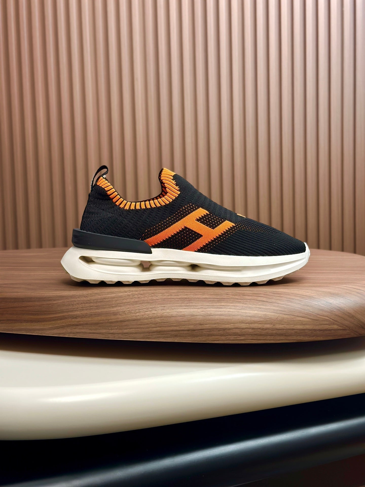 HM Men's Slip on Sneaker Black Orange Flyknit Fabric 690058