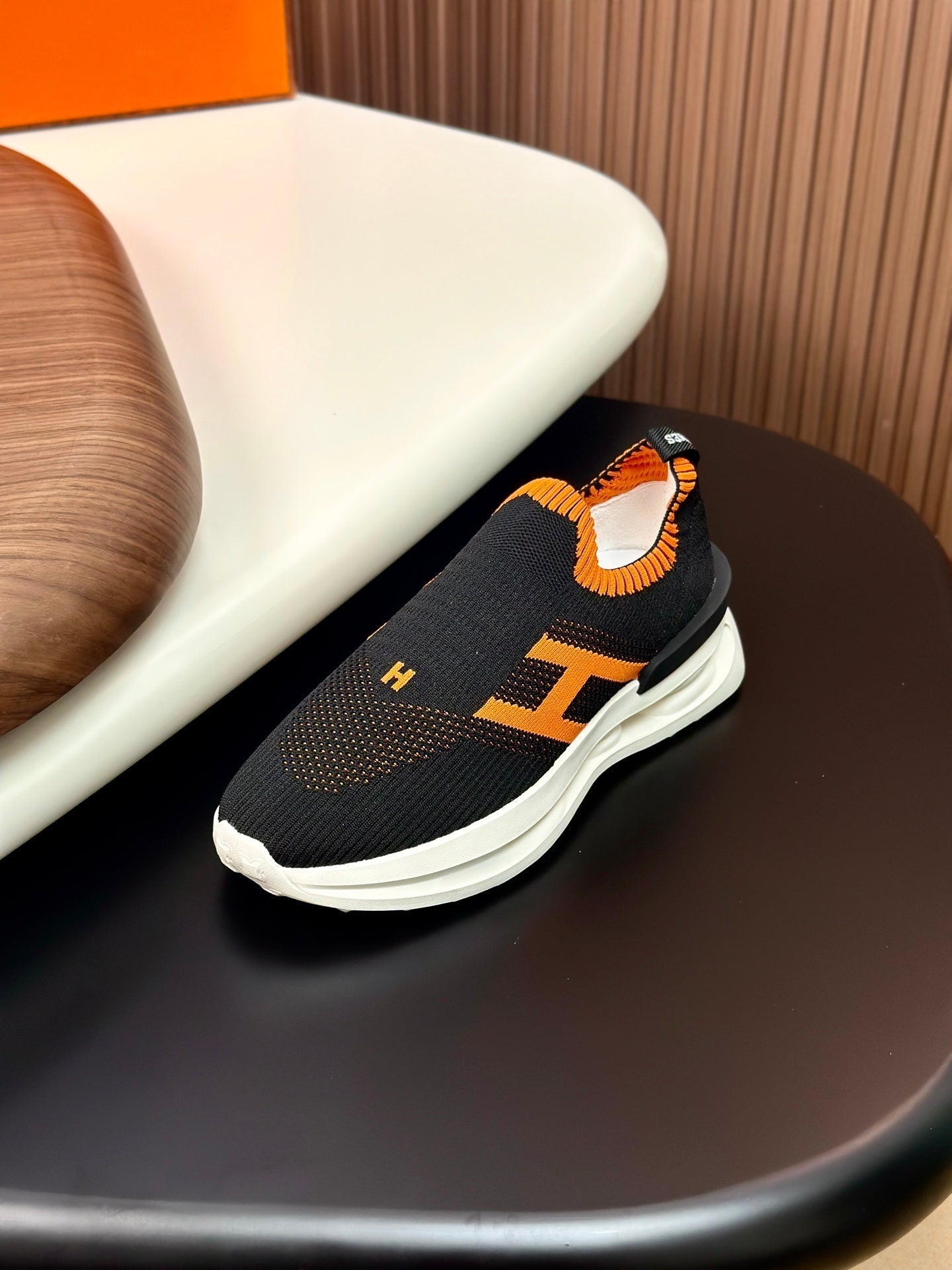 HM Men's Slip on Sneaker Black Orange Flyknit Fabric 690058