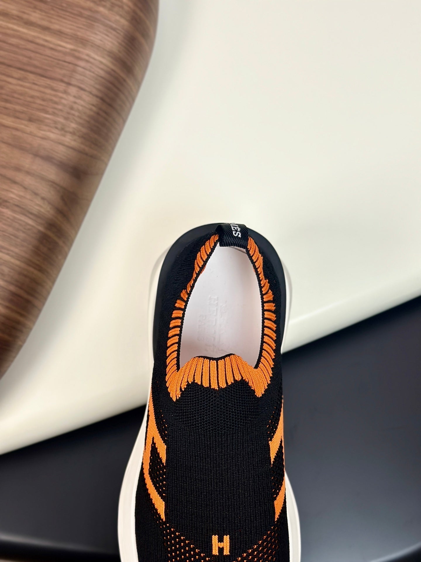 HM Men's Slip on Sneaker Black Orange Flyknit Fabric 690058