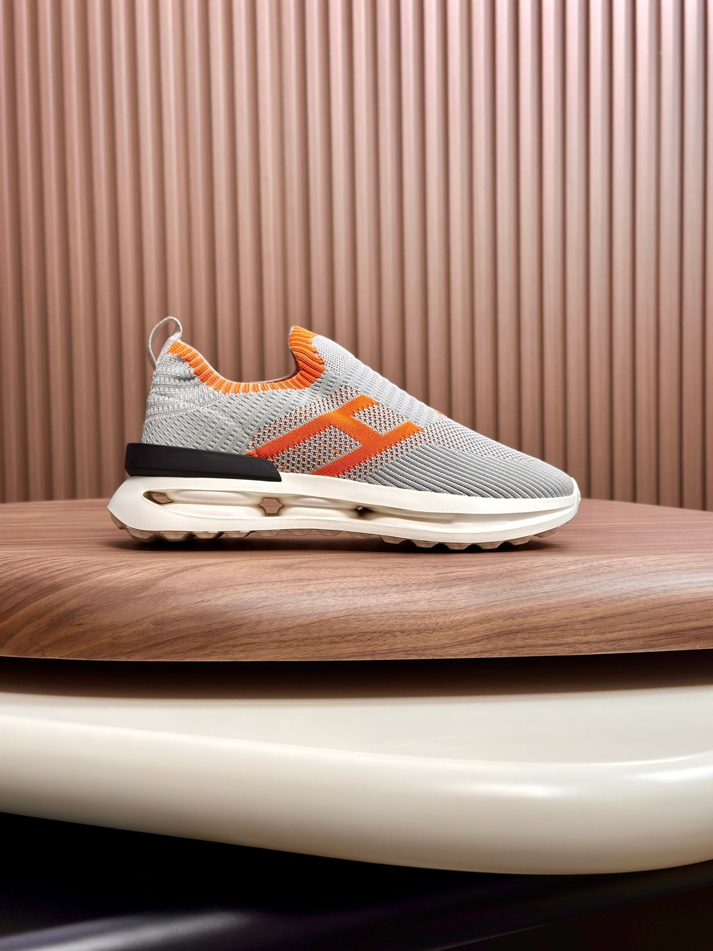 HM Men's Slip on Sneaker Grey Orange Flyknit Fabric 690060