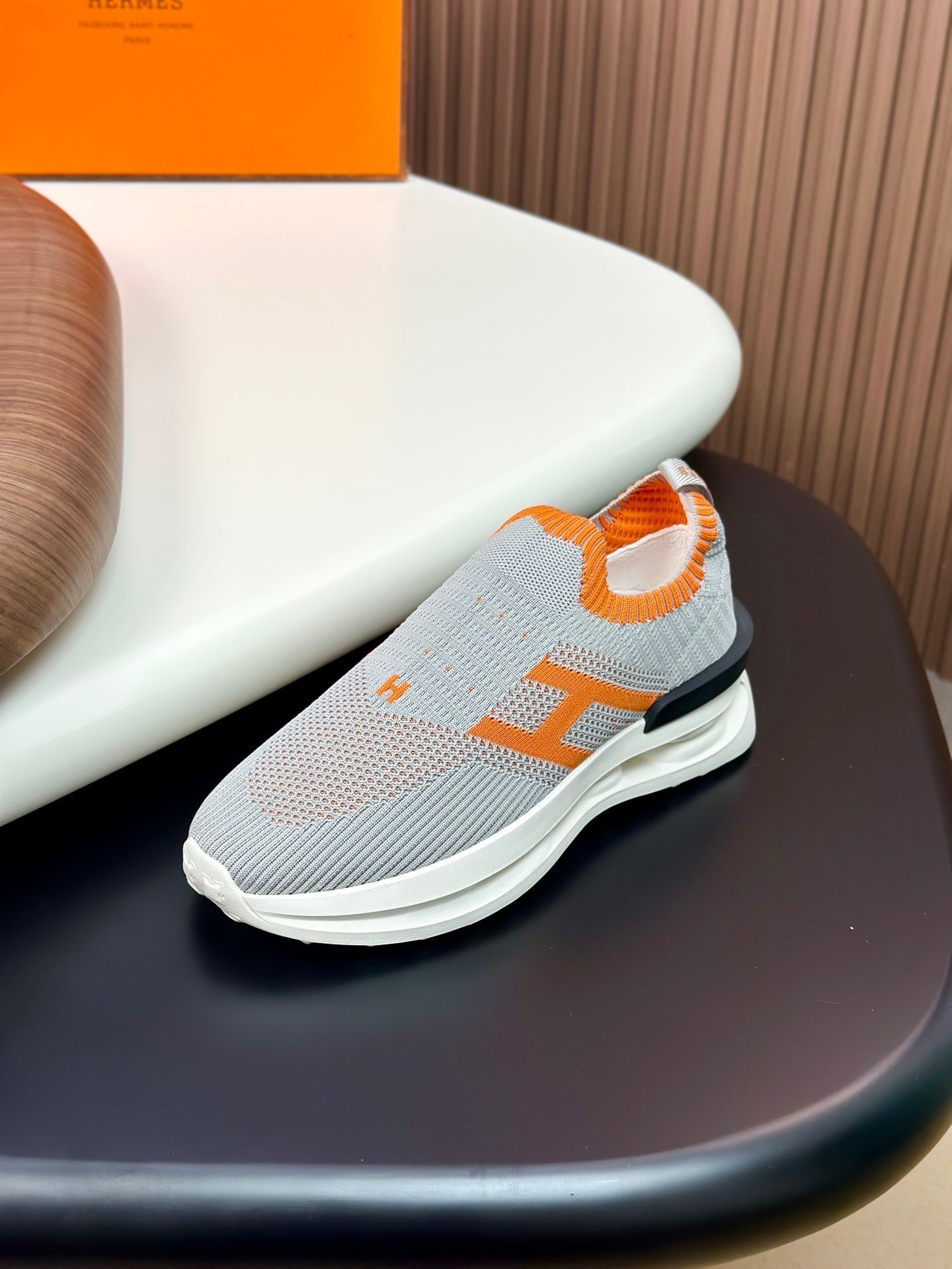 HM Men's Slip on Sneaker Grey Orange Flyknit Fabric 690060