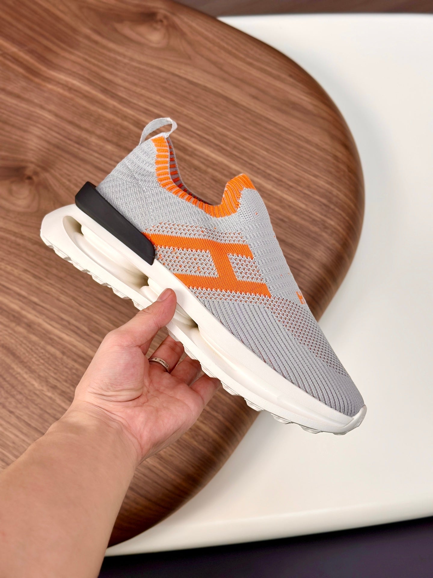 HM Men's Slip on Sneaker Grey Orange Flyknit Fabric 690060