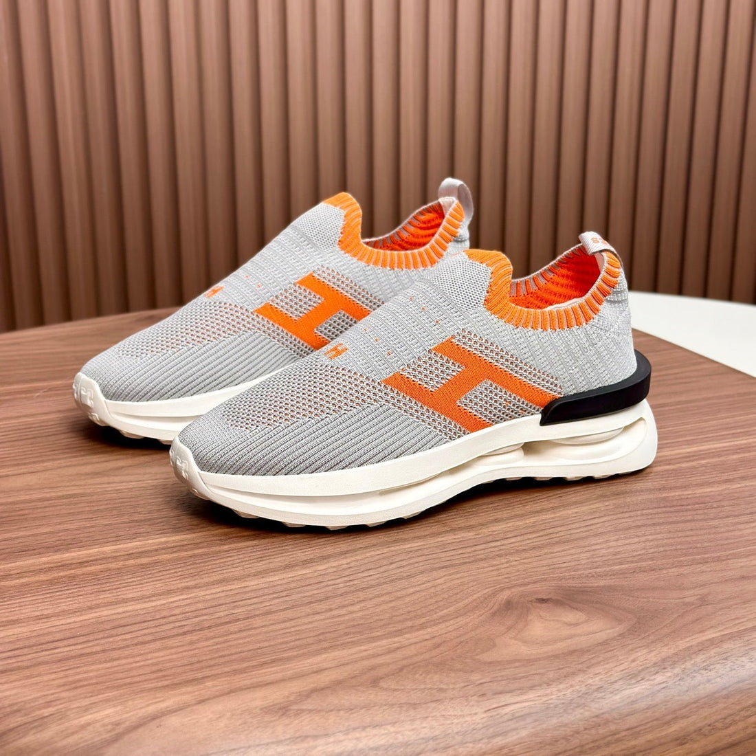 HM Men's Slip on Sneaker Grey Orange Flyknit Fabric 690060