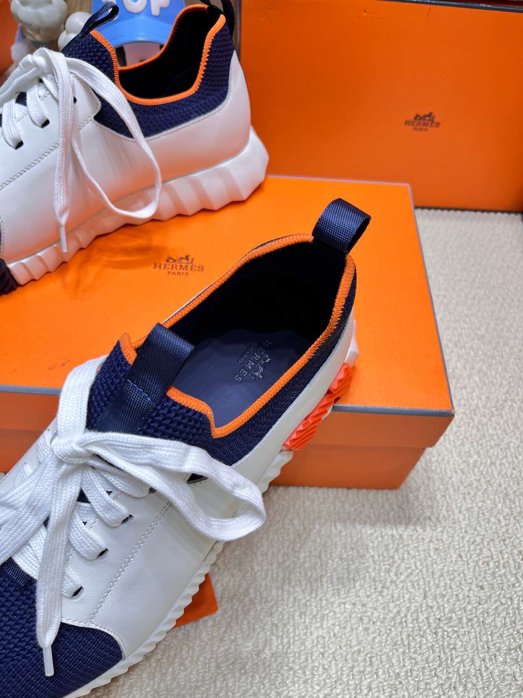 HM Depart slip-on Sneaker White mix Navy blue Knitted fabric and Calfskin 206317