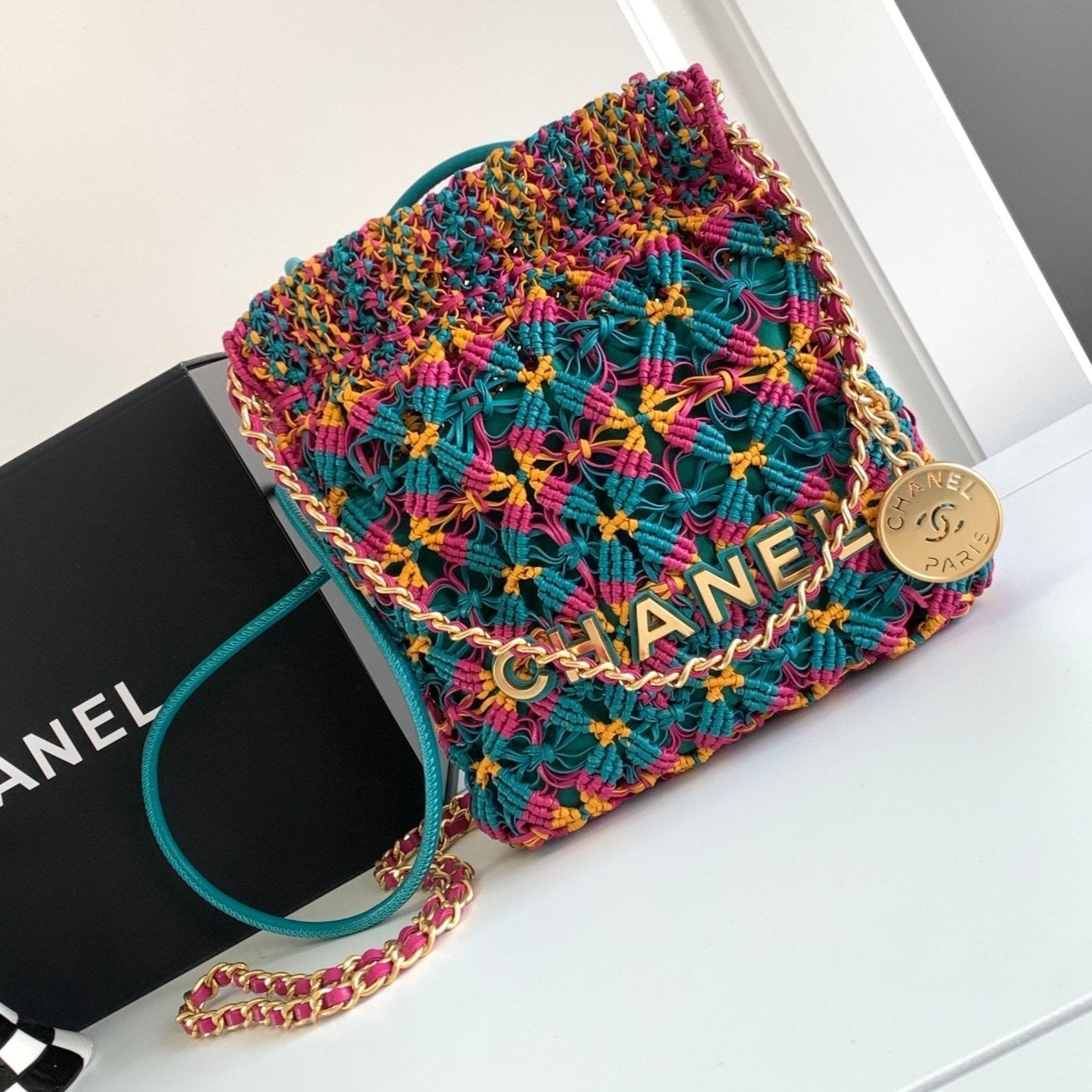 CC Mini Macrame 22 Hobo Bag 19cm Multicolor Green Calfskin Gold Hardware