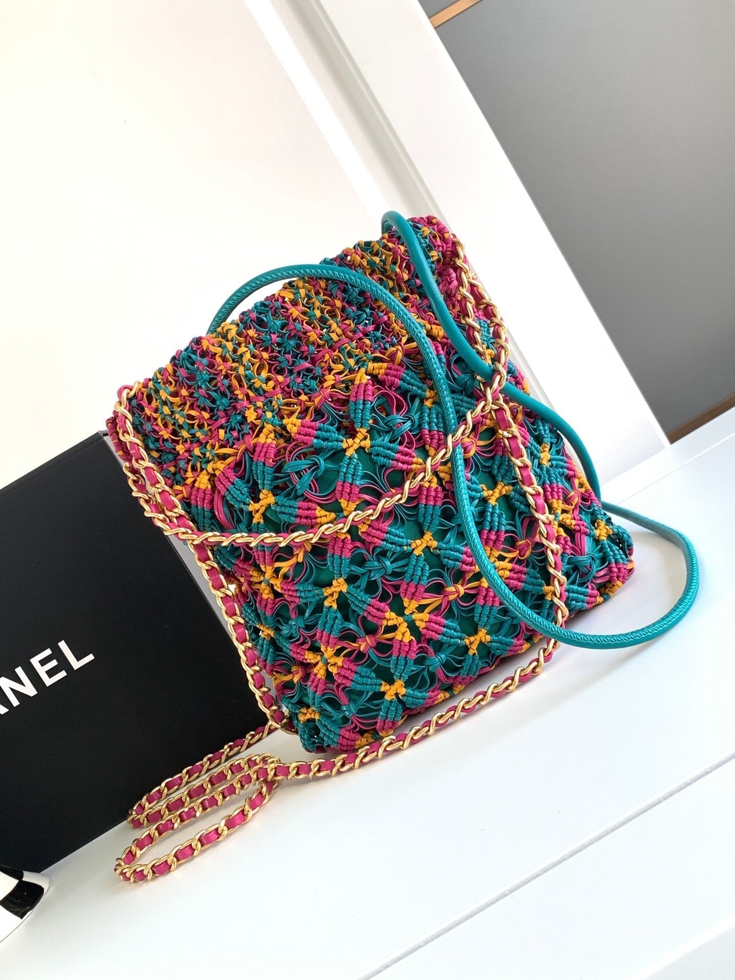 CC Mini Macrame 22 Hobo Bag 19cm Multicolor Green Calfskin Gold Hardware