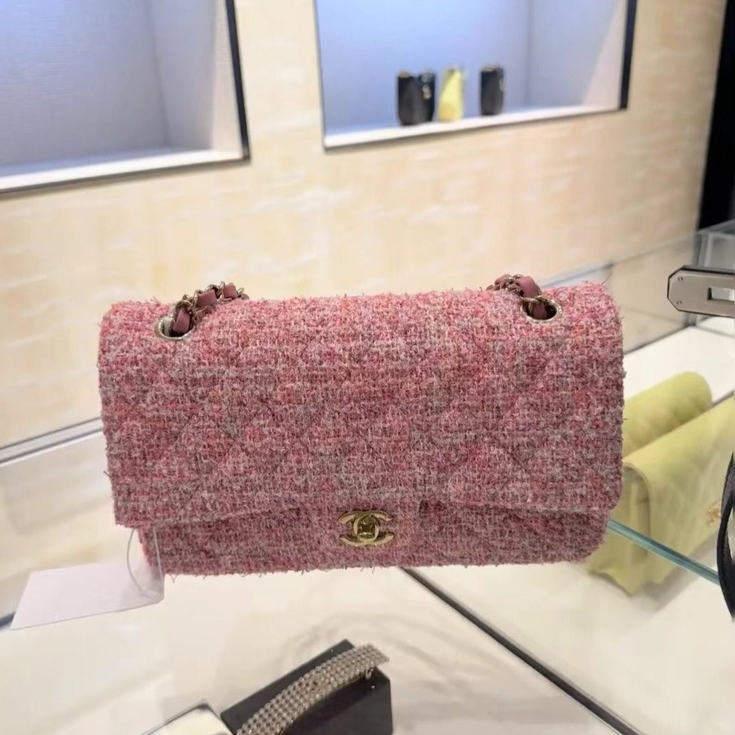 flap bag medium 25 pink tweed silver hardware