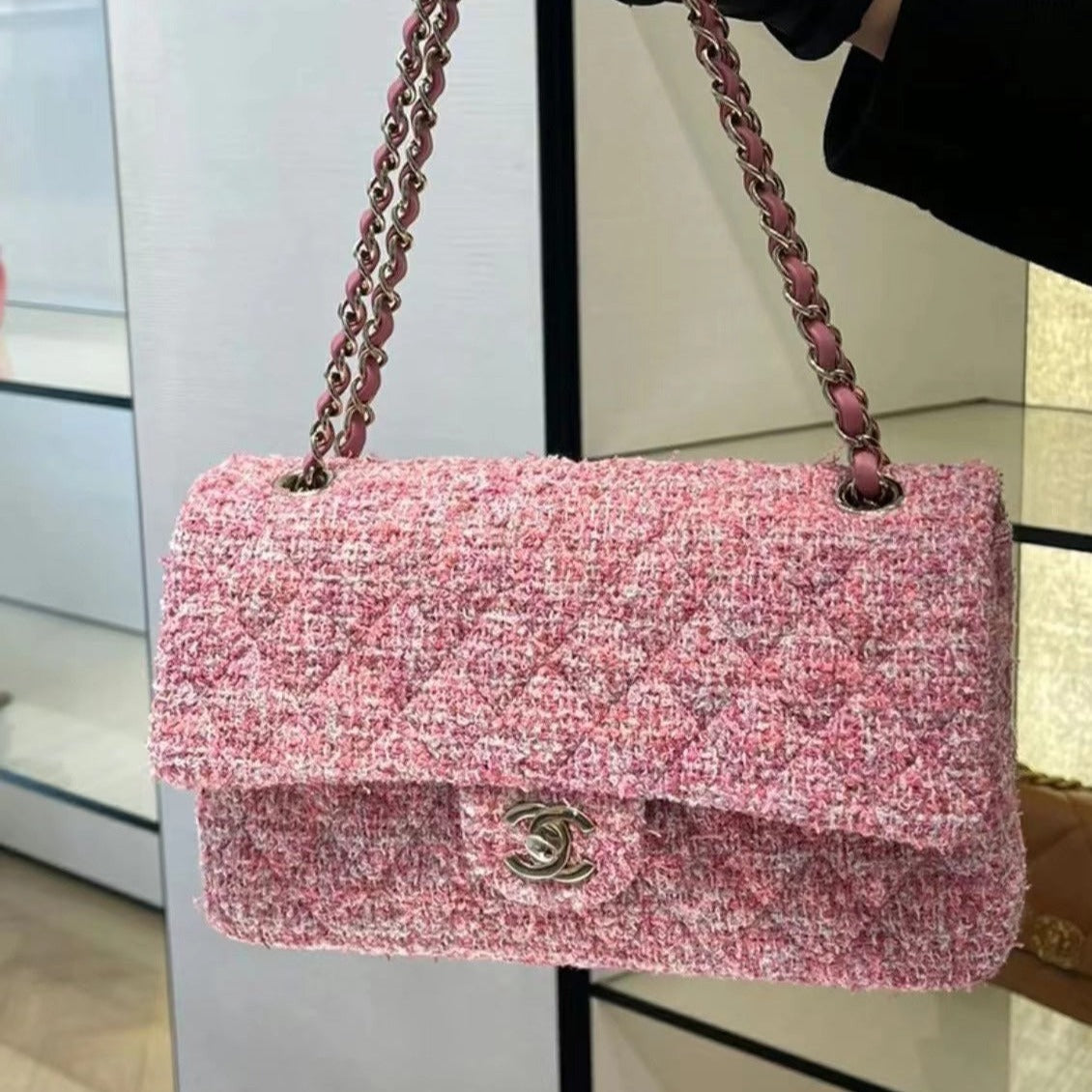 flap bag medium 25 pink tweed silver hardware