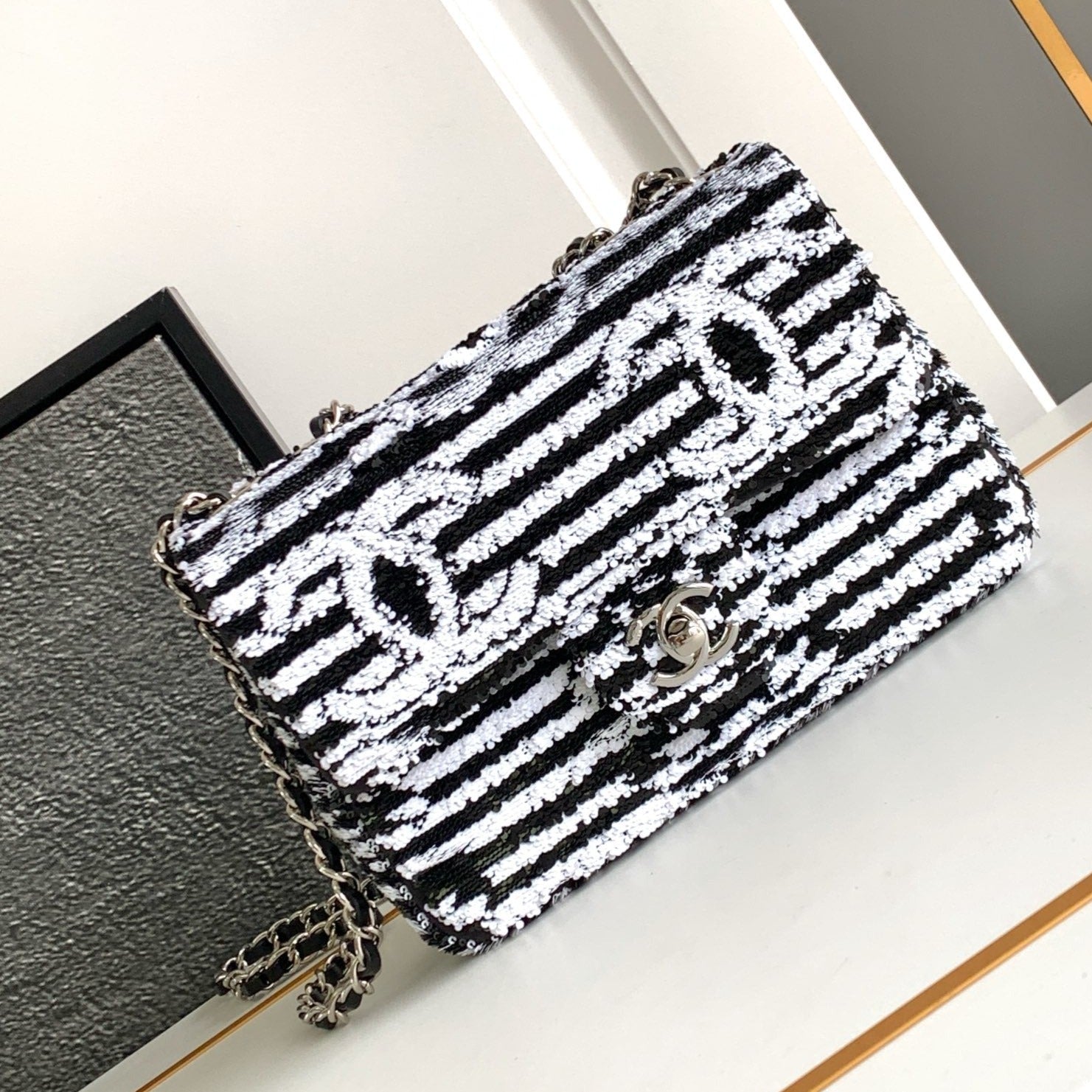 flap bag medium 25 black white sequin silver hardware