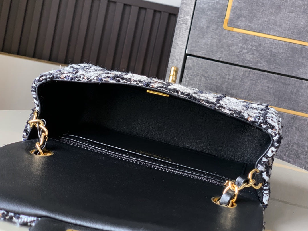 Flap Bag Mini 20cm Black White Tweed Sequin