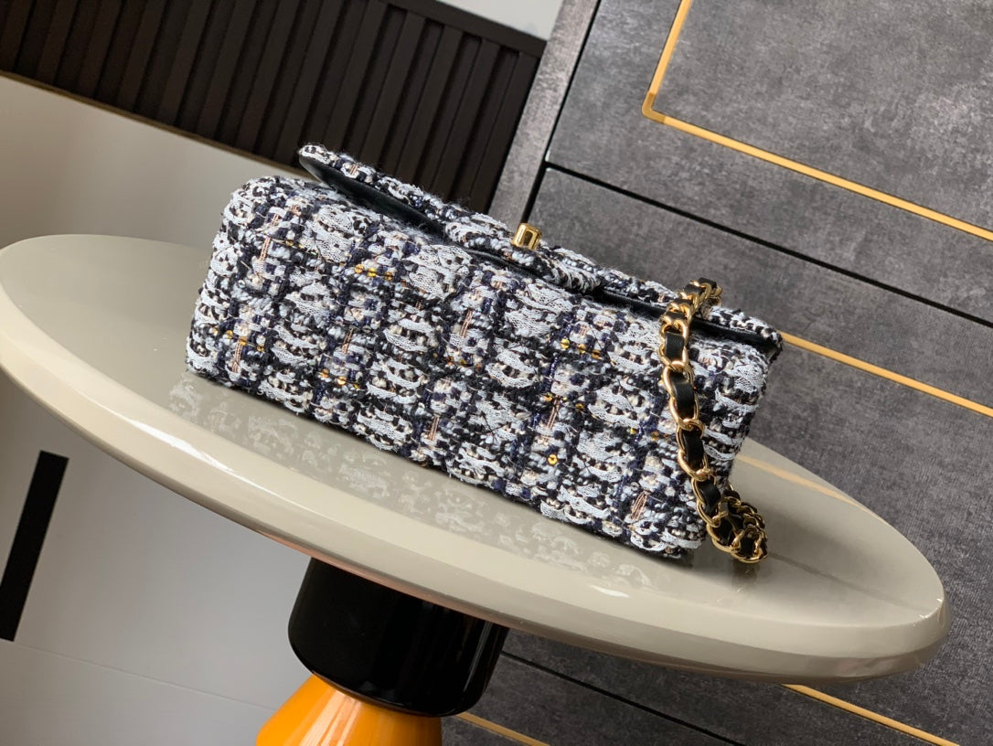 Flap Bag Mini 20cm Black White Tweed Sequin