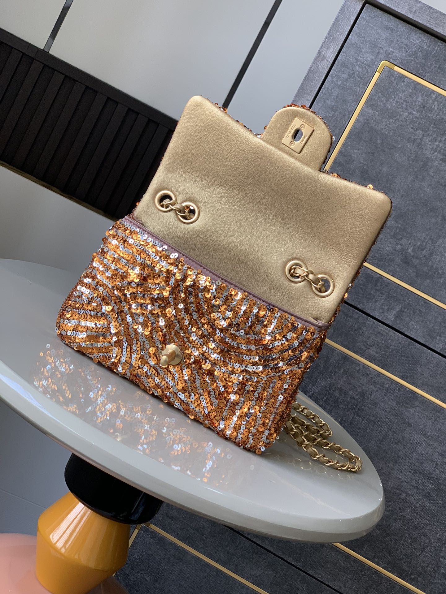 Flap Bag Mini 20cm Beige Calfskin Gold Bronze Sequin