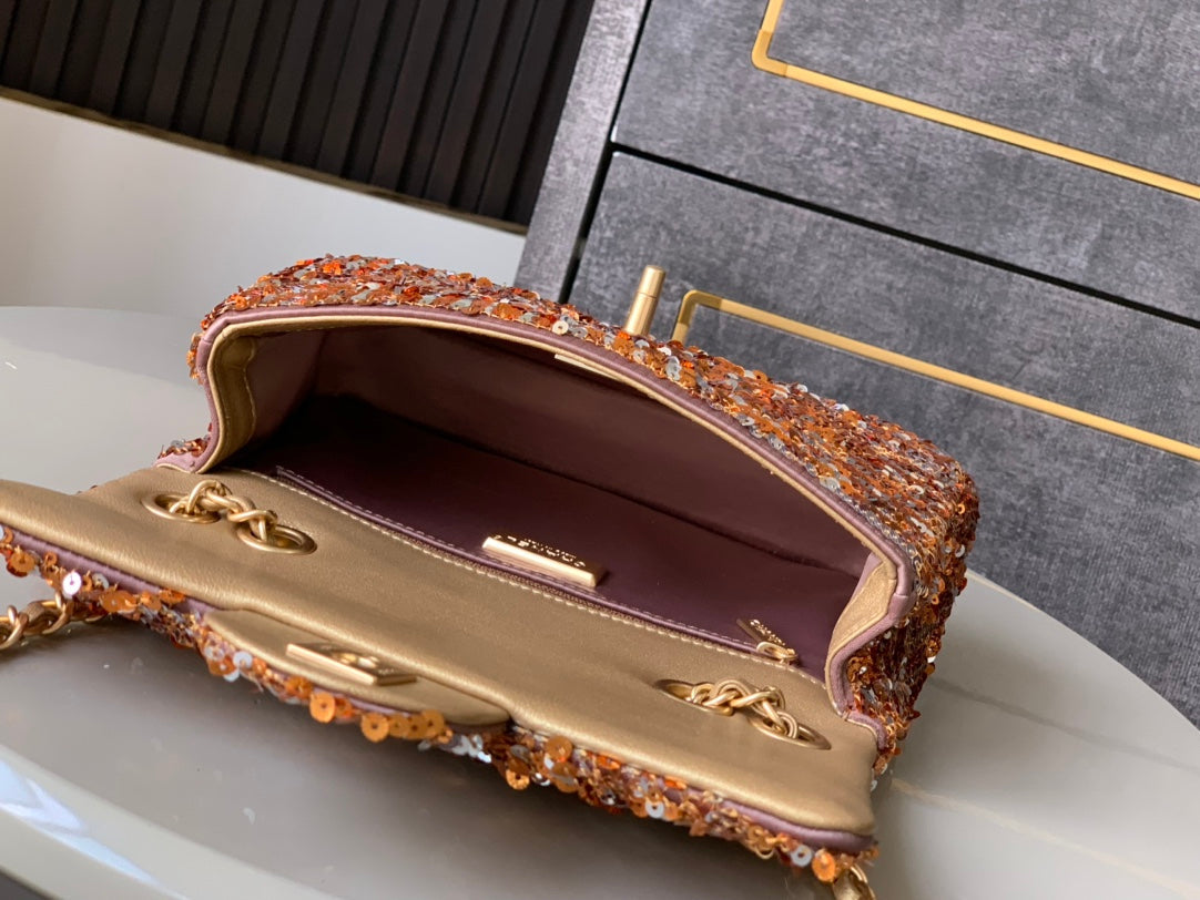 Flap Bag Mini 20cm Beige Calfskin Gold Bronze Sequin