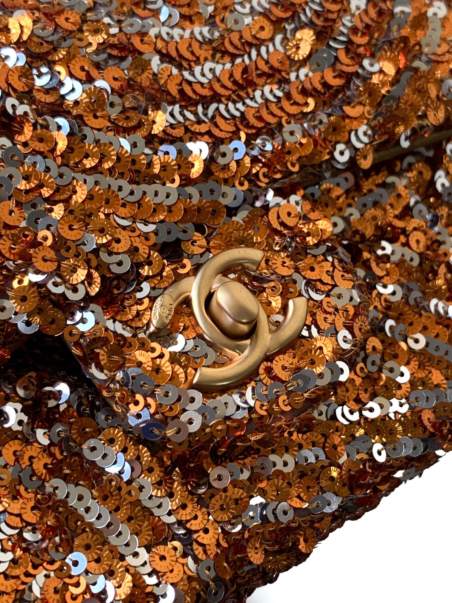 Flap Bag Mini 20cm Beige Calfskin Gold Bronze Sequin