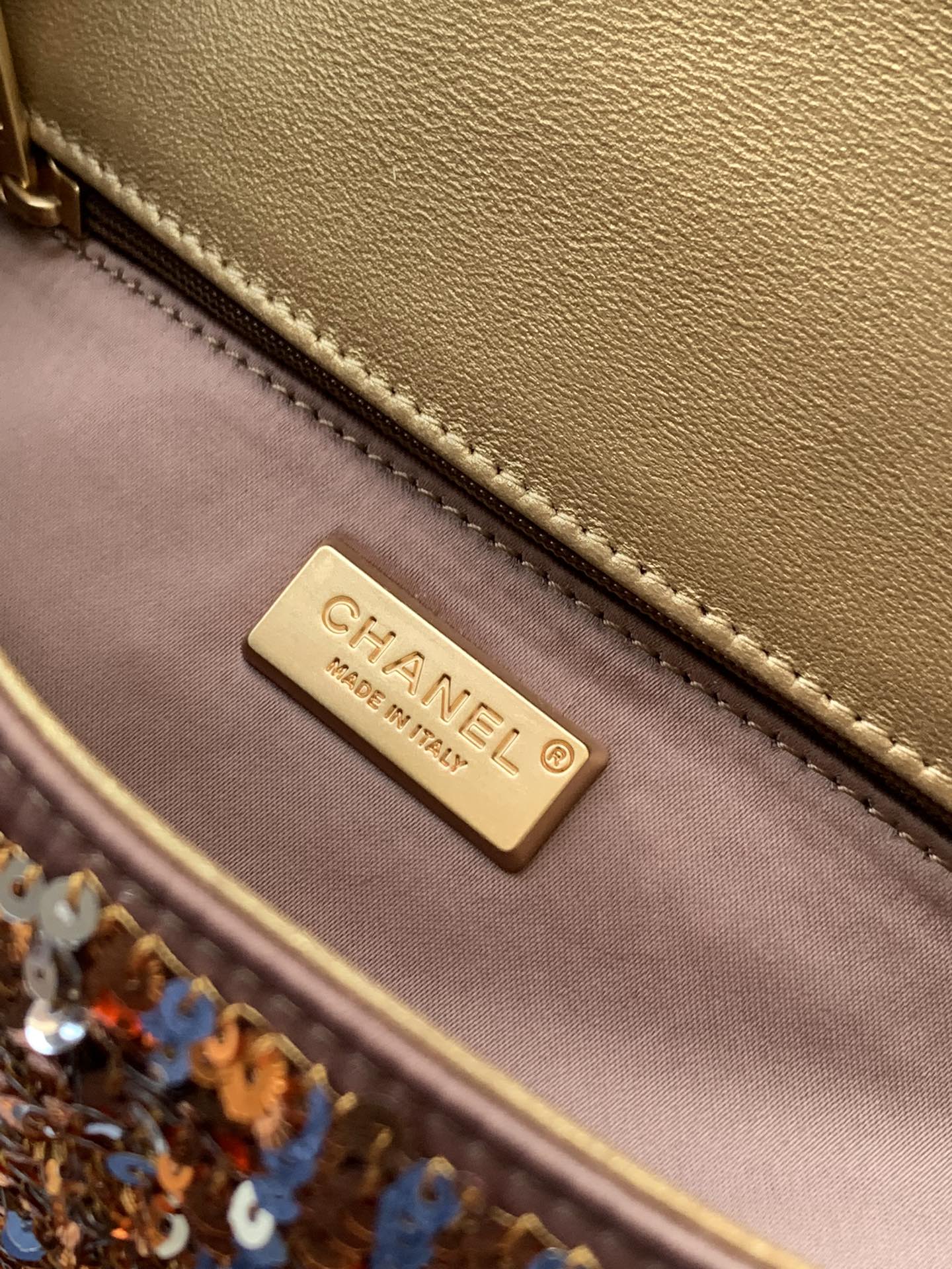 Flap Bag Mini 20cm Beige Calfskin Gold Bronze Sequin