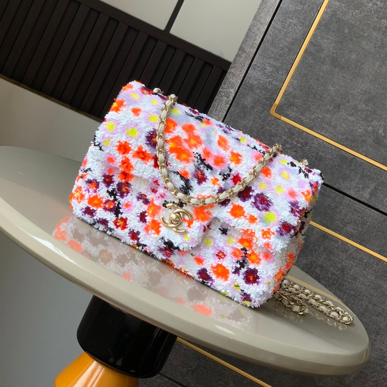 Flap Bag Mini 20cm White Orange Sequin