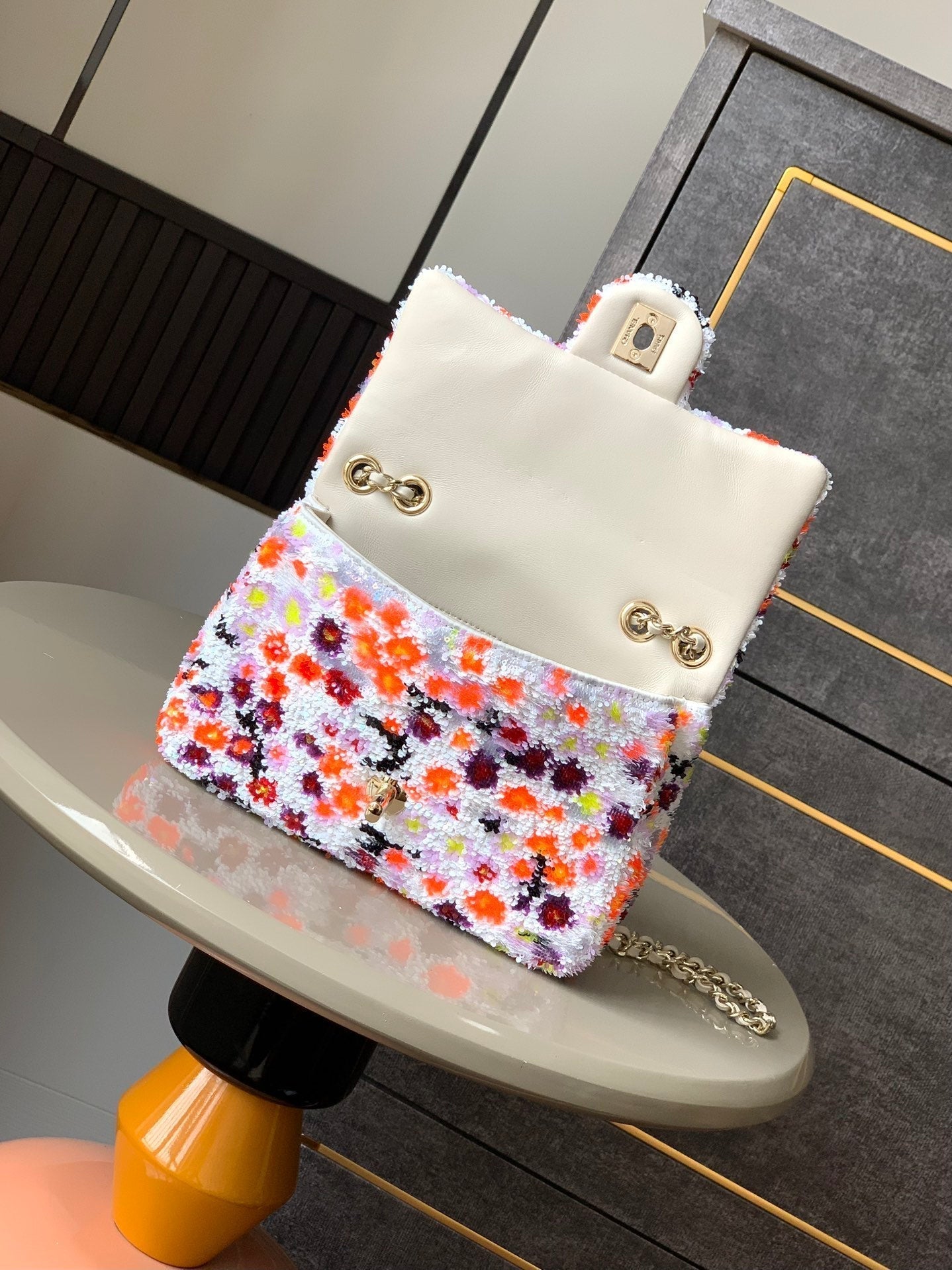 Flap Bag Mini 20cm White Orange Sequin