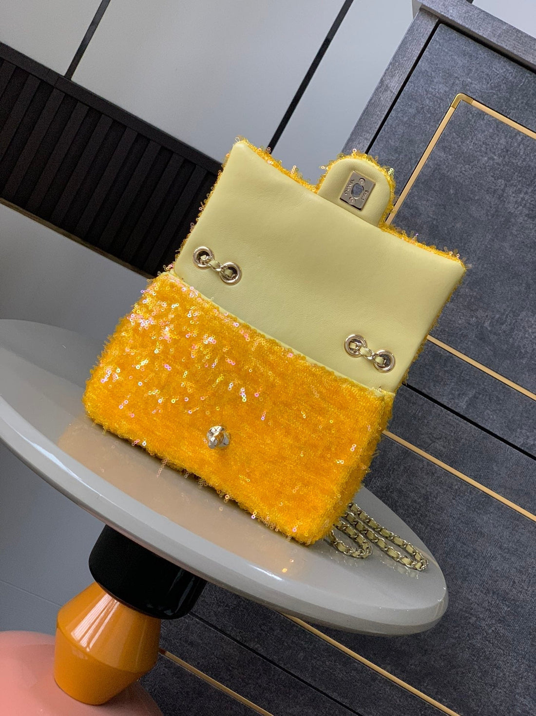 CC 25S Flap Bag 20cm Yellow Fringed Sequin Calfskin