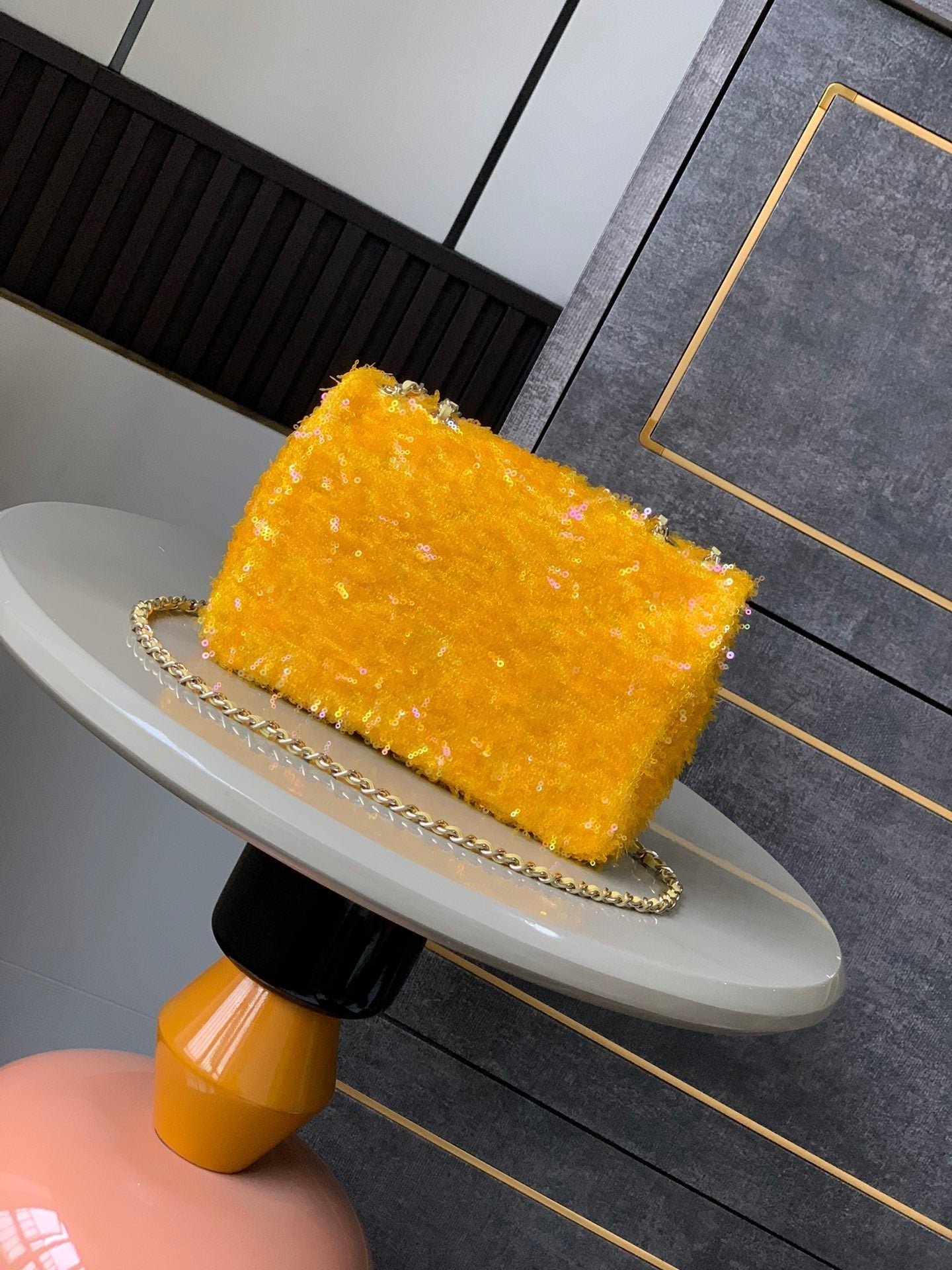 CC 25S Flap Bag 20cm Yellow Fringed Sequin Calfskin