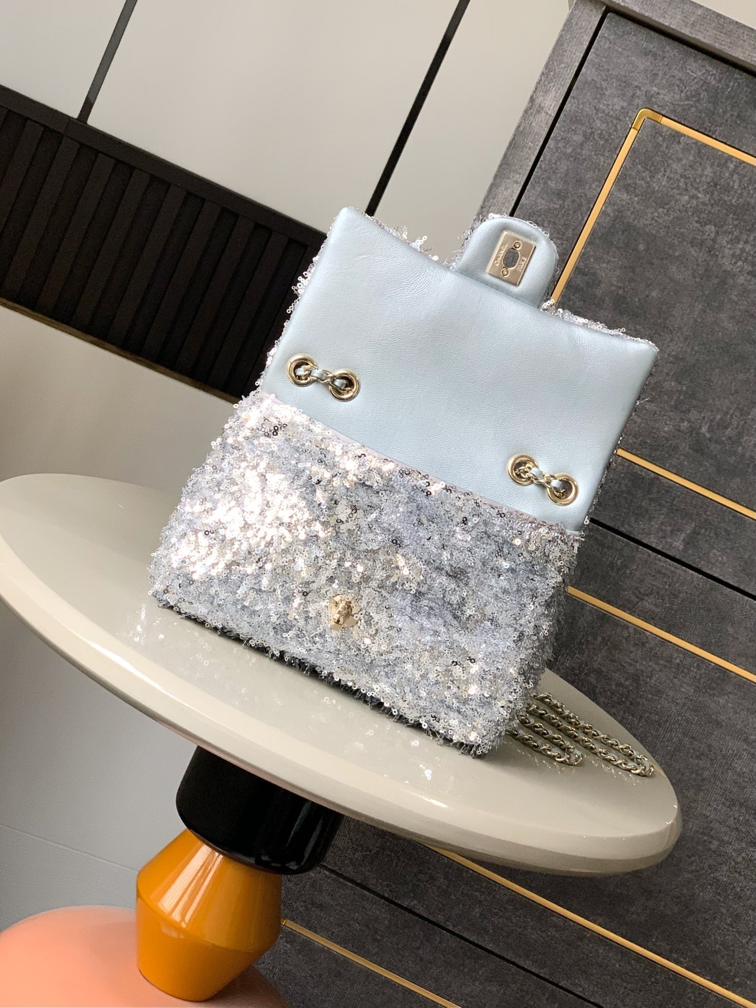 CC 25S Flap Bag 20cm Grey Fringed Sequin Calfskin